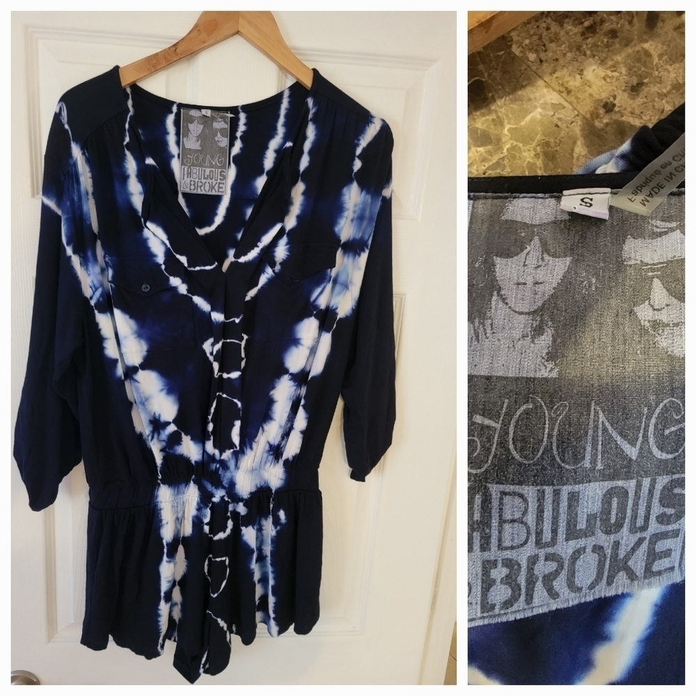 Young fabulous & Broke Romper Small Tie Dye Elastic Waist Roll Tab Sleeves Blue